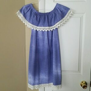 NWOT, Off shoulder dress, jean like with lace trim